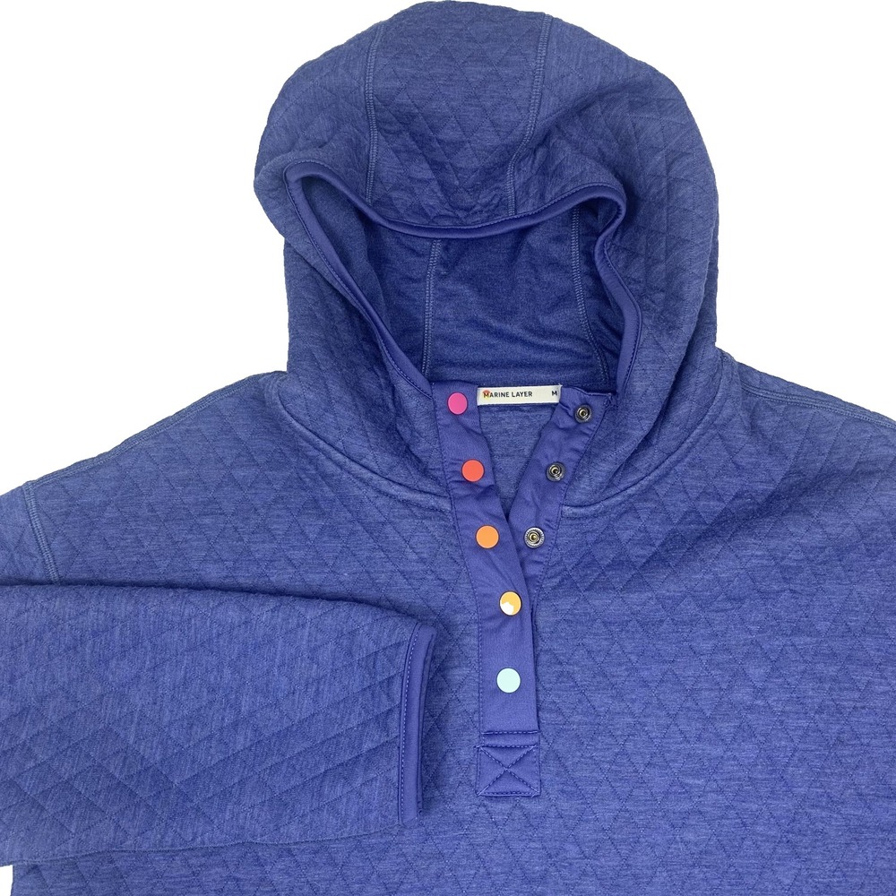 Marine Layer Quilted Hoodie 1/2 Snap Pullover Sweatshirt Womens Med Blue